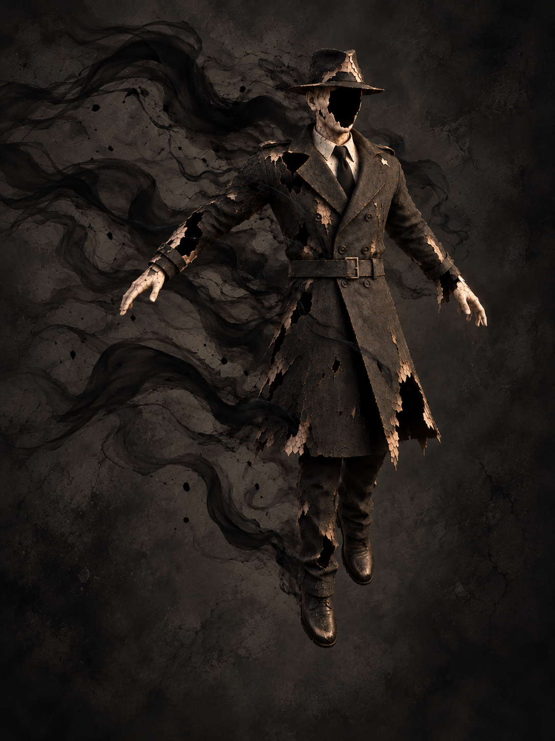 A faceless figure in a fedora and weathered coat dissolves into shadow