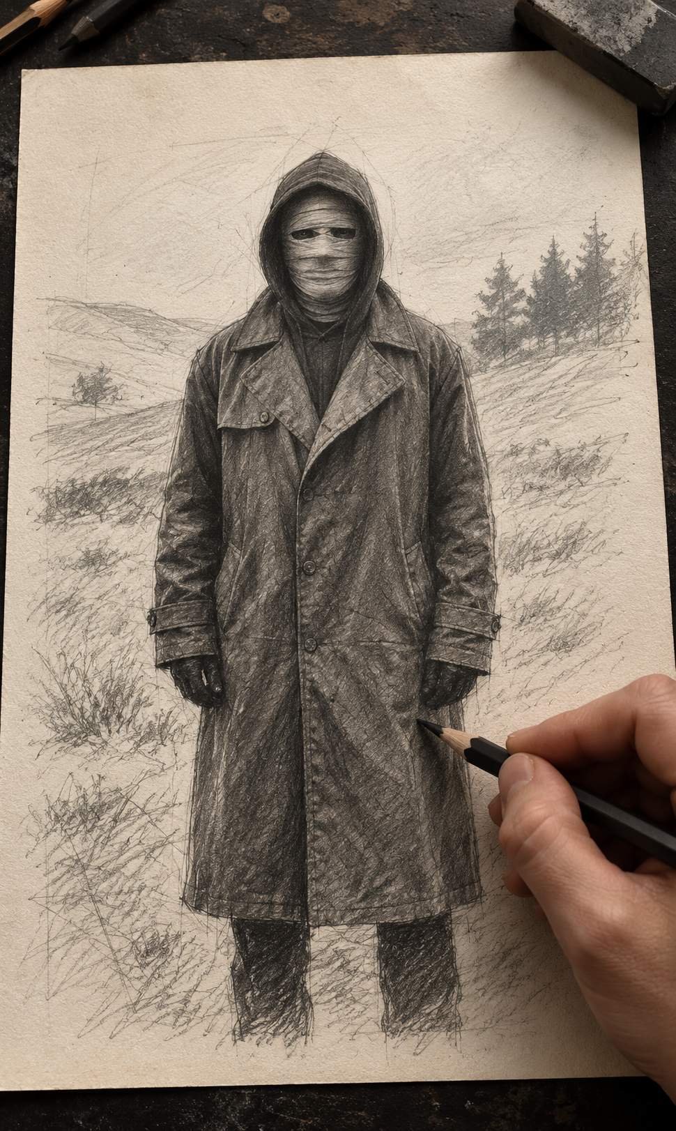 A hand sketches a hooded, masked figure in graphite pencil on paper