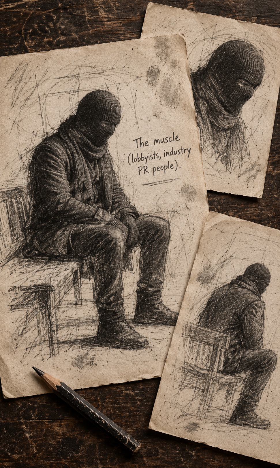 Several rough pencil studies of a masked figure on paper over a wooden table, labeled The muscle